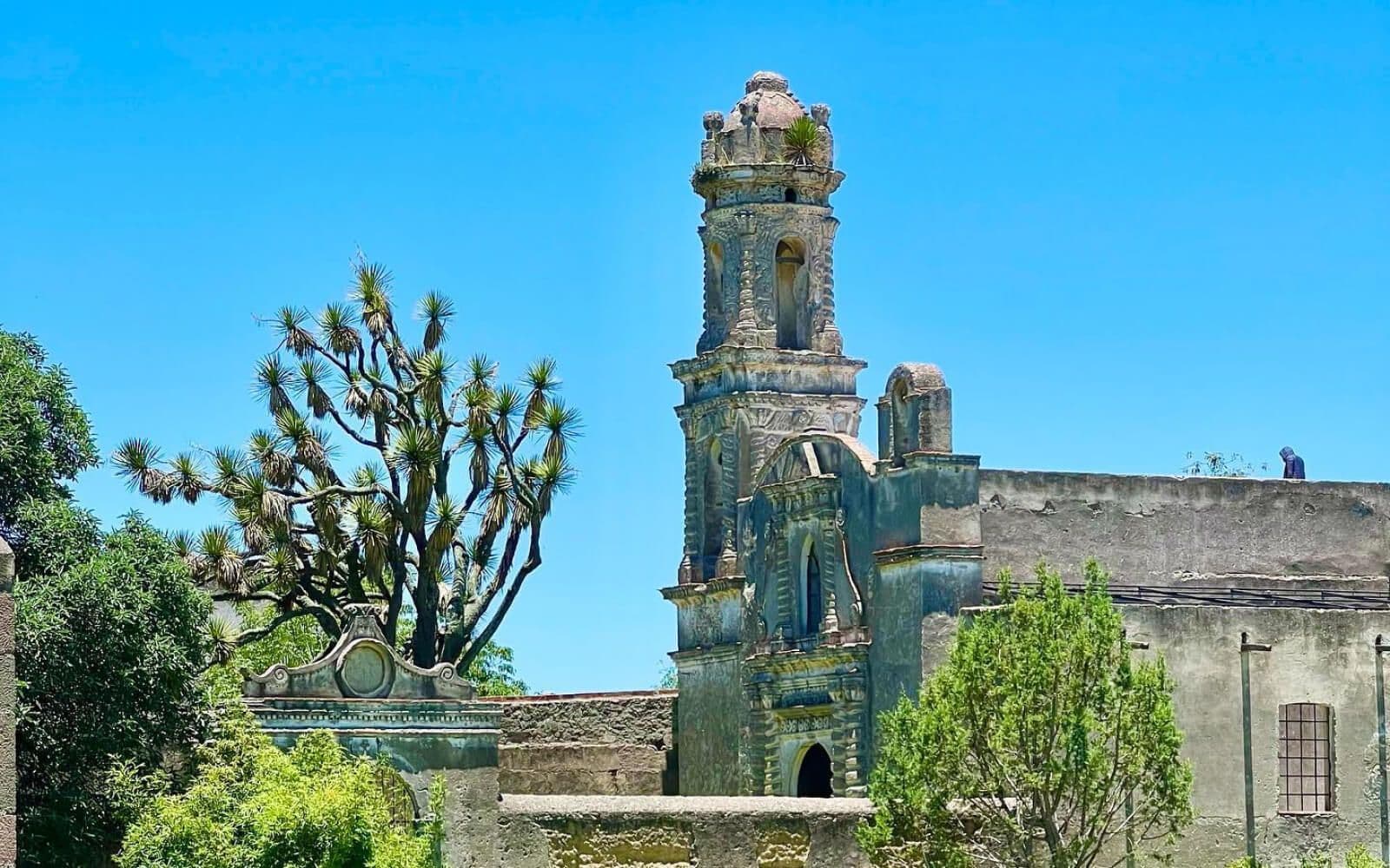 La capilla del siglo XVII rodeada por la milpa verde. Esta imagen muestra la hacienda desde su exuberante jardín, rodeado de cosechas de maíz. Sumérgete en un ambiente colorido y vegetal que te transportará a la tranquila vida rural de México.